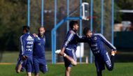 Argentine players Nicolas Tagliafico, Javier Mascherano, Eduardo Salvio and Manuel Lanzini attend a training session in preparation for World Cup 2018, Buenos Aires May 16, 2018. Reuters/Martin Acosta