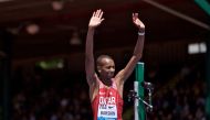 Mutaz Essa Barshim of Qatar waves to the crowd after winning the men's high jump during the 2018 Prefontaine Classic at Hayward Field on May 26, 2018 in Eugene, Oregon. Craig Mitchelldyer/Getty Images/AFP