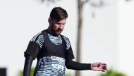 Argentina's forward Lionel Messi, strikes the ball during a training session in Ezeiza, Buenos Aires on May 25, 2018. AFP / Juan Mabromata