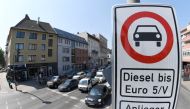 A traffic sign, which bans diesel cars is pictured at the Max-Brauer Allee in downtown Hamburg, Germany, May 31, 2018. REUTERS/Fabian Bimmer
