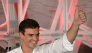 (FILES) In this file photo taken on July 14, 2014 new secretary general of Spain's Socialist Party (PSOE) Pedro Sanchez celebrates his victory at PSOE's headquarters in Madrid. AFP / DANI POZO