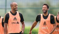 Belgium's captain and defender Vincent Kompany (L) and Belgium's midfielder Mousa Dembele attend a training session of the Belgian national football team Red Devils, in Tubize, Belgium, on May 31, 2018. AFP / BRUNO FAHY
