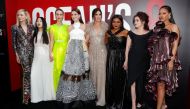 Cast members (L to R) Cate Blanchett, Awkwafina, Sarah Paulson, Anne Hathaway, Sandra Bullock, Mindy Kaling, Helena Bonham Carter and Rihanna pose at the world premiere of the film 