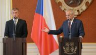 Czech President Milos Zeman (R) and ANO ('YES') party leader Andrej Babis (C) give a joint press conference after Zeman appointed Babis as the country’s new prime minister on June 6, 2018 at the Prague Castle in Prague, Czech Republic. / AFP / Michal Cize