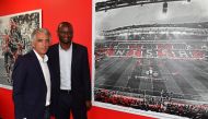 French former Arsenal and France star Patrick Vieira (R), world and European champion with Les Bleus, poses with French L1 football club of OGC Nice's president Jean-Pierre Rivere (L) at the end of a press conference after being officialy appointed the cl