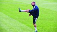 France's forward Antoine Griezmann stretches during a training session at the Glebovets Stadium in Istra, some 70 km west of Moscow, on June , 2018, ahead of the Russia 2018 World Cup football tournament. AFP / Franck Fife

