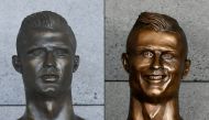 This combination of pictures created on June 18, 2018 shows a new bust representing Portuguese footballer Cristiano Ronaldo (L) pictured at Cristiano Ronaldo International Airport in Funchal, on Madeira island, on June 18, 2018 and the old bust representi