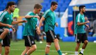 L to R, Germany's defender Jonas Hector, Germany's defender Joshua Kimmich, Germany's forward Mario Gomezand Germany's midfielder Ilkay Gundogan attend a training session at the Fisht Olympic Stadium in Sochi on June 22, 2018, on the eve of the Russia 201