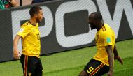 Belgium's Eden Hazard celebrates scoring their fourth goal with Romelu Lukaku REUTERS/Kai Pfaffenbach
