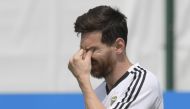 Argentina's forward Lionel Messi attends a training session at the team's base camp in Bronnitsy, near Moscow, Russia on June 24, 2018 ahead of the Russia 2018 World Cup Group D football match against Nigeria to be held in Saint Petersbourg on June 26.  A