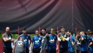 Spain's coach Fernando Hierro (C) and players attend a training session at Krasnodar Academy on June 26, 2018, during the Russia 2018 World Cup football tournament. / AFP / PIERRE-PHILIPPE MARCOU
