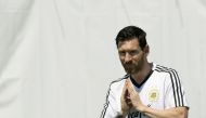 Argentina's forward Lionel Messi gestures during a training session at the team's base camp in Bronnitsy, near Moscow, on June 28, 2018, ahead of their Russia 2018 World Cup round of 16 football match against France to be held in Kazan on June 30. / AFP /