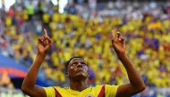 Colombia's defender Yerry Mina (R) celebrates after scoring a goal during the Russia 2018 World Cup Group H football match between Senegal and Colombia at the Samara Arena in Samara on June 28, 2018.  AFP / Manan Vatsyayana