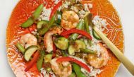 Steamed Shrimp and Summer Vegetables With Ginger-Soy Drizzle. (Photo by Deb Lindsey for The Washington Post)