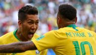 Brazil's Roberto Firmino celebrates scoring their second goal with Neymar. (REUTERS/Michael Dalder/File Photo)