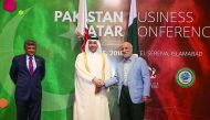 H E Sheikh Ahmed bin Jassim Al Thani (centre), Minister of Economy and Commerce, shaking hands with Mian Misbah Al Rehman (right), Pakistan’s Minister of Trade and Textile, at the Qatari-Pakistani Business Conference, which concluded yesterday in Islamaba