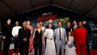 Cast members and crew attend the premiere of the movie Ant-Man and the Wasp in Los Angeles, June 25, 2018. (front row L-R) Michael Douglas, Michelle Pfeiffer, Evangeline Lilly, Paul Rudd, Abby Ryder Fortson, Laurence Fishburne, (back row L-4th L) David Da