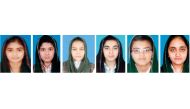 From Left: Sumaiya Rizwan - 1,036 marks (1st Science Group), Eiman Amir Latif - 1,033 marks (2nd Science Group), Najwa Siraj - 1,026 marks (3rd Science Group), Muskan Noor - 872 marks (1st Hum. Group), Salwa Mir- 847 marks (2nd Hum. Group), Hamna - 812 ma