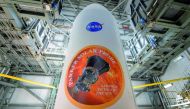 The United Launch Alliance Delta IV Heavy rocket payload fairing with the Nasa and Parker Solar Probe emblems, at Launch Complex 37, Cape Canaveral Air Force Station in Florida, yesterday.