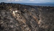  In this file photo taken on July 24, 2018 an aerial view shows damage caused by a wildfire near the village of Mati, near Athens. / AFP / Savvas KARMANIOLAS 