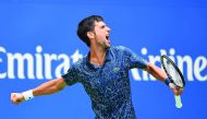 
Novak Djokovic of Serbia celebrates wining the 3rd set against Marton Fucsovics of Hungary in a first round match on day two of the 2018 U.S. Open tennis tournament at USTA Billie Jean King National Tennis Center. Credit: Robert Deutsch-USA TODAY Sports