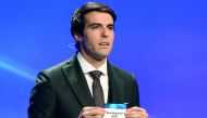 Brazilian former football player Kaka shows the name of CSKA Moscow during the draw for UEFA Champions League football tournament at The Grimaldi Forum in Monaco on August 30, 2018. AFP  Valery Hache

