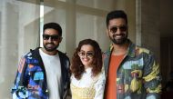 Indian actors Taapsee Pannu(C), Abhishek Bachchan (L) and Vicky Kaushal pose for a picture during a promotional event for the upcoming film 'Manmarizyaan', in Ahmedabad on September 2, 2018. / AFP / SAM PANTHAKY