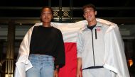 Men's singles semi-finalist Kei Nishikori of Japan and women's singles semi-finalist Naomi Osaka of Japan pose for a portrait outside The Kitano Hotel following their quarter-final matches on day 10 of the 2018 US Open at The Kitano Hotel on September 5, 
