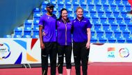 FROM LEFT: Team Asia-Pacific’s Qatari athlete Abderrahman Samba, Australia’s Dani Stevens and her compatriot Jana Pittman pose for a photograph in Ostrava, on the eve of the IAAF Continental Cup yesterday.