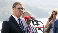 Serbian President Aleksandar Vucic (L) addresses during his visit to the Gazivoda Dam in Zubin Potok town northern Mitrovica, Kosovo on September 08, 2018 as part of a two-day official trip. ( Sasa Djordjevic - Anadolu Agency )