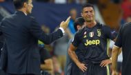 Cristiano Ronaldo reacts after receiving a red card during the group H football match between Valencia CF and Juventus FC at the Mestalla stadium in Valencia on September 19, 2018. / AFP / Jose Jordan 