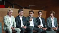Captain of Team Europe Bjorn Borg (L) and Captain of Team World John McEnroe and tennis players Roger Federer (C), Novak Djokovic (2nd R), Alexander Zverev (R) hold a joint press conference at the Pritzker Pavilion stage of the Millenium Park in Chicago, 