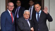 Ireland's Taoiseach Leo Varadkar, together with Minister for Foreign Affairs and Trade Simon Coveney, greets Palestinian President Mahmoud Abbas at Farmleigh, the official Irish State guest house, in Dublin, Ireland, September 22, 2018. Reuters/Clodagh Ki
