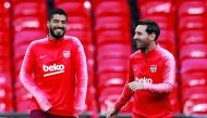 Barcelona's Lionel Messi and Luis Suarez during training. Action Images via Reuters/Andrew Couldridge