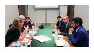 H E Sheikh Ahmed bin Jassim Al Thani (second right), Minister of Economy and Commerce, and members of his accompanying delegation discussing issues of bilateral concern with senior government representatives of  Paraguay, including Liz Cramer, Minister of