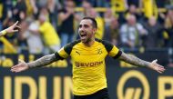 Borussia Dortmund's Paco Alcacer celebrates scoring their fourth goal REUTERS/Leon Kuegeler 
