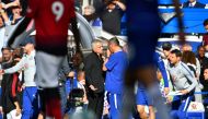 Manchester United manager Jose Mourinho and Chelsea manager Maurizio Sarri speak after the match REUTERS/Dylan Martinez