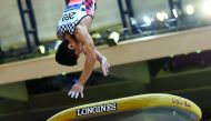 Japan’s Kenzo Shirai in action during the men’s vault yesterday. Picture: Syed Omar 