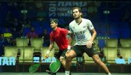 Egypt’s Karim Abdel Gawad (right), ranked 10th in the world, in action against Malaysia’s Eain Yow Ng yesterday.