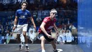 Egyptians Ali Farag (right) and Tarek Momen in action during their semi-final.