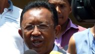 Former Malagasy President and Presidential candidate Hery Rajaonarimampianina speaks to the media after casting his ballot during the presidential election at the CEG (college d'enseingnement general) polling station at Tsimbazaza in Antananarivo, Madagas