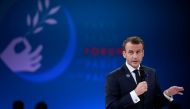 French President Emmanuel Macron delivers a speech at the opening session of the Paris Peace Forum as part of the commemoration ceremony for Armistice Day, 100 years after the end of the First World War, at the Villette Conference Hall in Paris, France, N