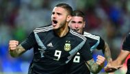 Argentina's Mauro Icardi celebrates scoring their first goal. Reuters/Marcelo Ruiz 