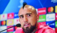 Barcelona midfielder Arturo Vidal looks on during a press conference at the Philips Stadium in Eindhoven on the eve of their UEFA Champions League Group B match against PSV Eindhoven.