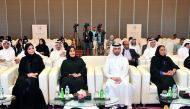 QFSW’s CEO Amal Abdullatif Al Mannai (second left) and Manar Khalifa Al Muraikhi (right), Director of Community and Public Relations for Ooredoo Qatar, and other officials during the Opening of Media and Disability Forum in Doha yesterday. Pic: Abdul Basi