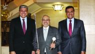 FROM RIGHT: Khalid bin Khalifa Al Thani, Qatargas CEO; Abdurrahman Mohamed Al Mulla, Shipping Manager; and Alaa Abu Jbara, Chief Operating Officer – Commercial and Shipping, at the Sword and Globe of Honour Awards ceremony in London.