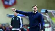 Leipzig's Austrian head-coach Ralph Hasenhuttl gestures during the UEFA Champions League group G football match between Monaco and Leipzig at the Louis II stadium, in Monaco on November 21, 2017.  AFP / Valery Hache
