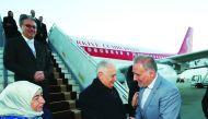 Turkish Parliament Speaker Binali Yildirim (2nd R) and his wife Semiha Yildirim (L) are welcomed upon their arrival at Tehran Mehrabad International Airport to attend a meeting of the parliament speakers of six countries (Iran, Russia, China, Pakistan, Tu
