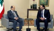 Lebanese President Michel Aoun (L) and Prime Minister of Lebanon, Saad Hariri (R) hold a meeting on forming a new government at Baabda Palace in Beirut, Lebanon on December 10, 2018.