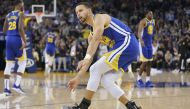 Golden State Warriors guard Stephen Curry (30) celebrates after making a three-point basket against the Minnesota Timberwolves during the fourth quarter at Oracle Arena. Credit: Kyle Terada-USA TODAY Sports
 